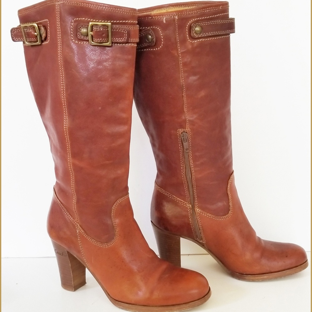 COACH whiskey leather MAXENE mid calf boots Q262